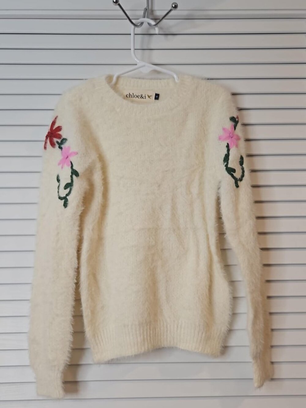 Chloe&I Cream Floral Fuzzy Sweater Top